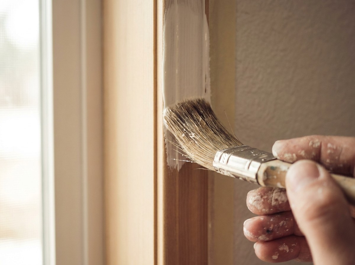 A brush cutting in a straight edge where a wall meets a timber door frame