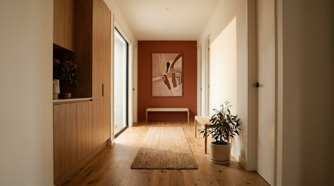 A hallway with a terracotta end wall, timber joinery and a runner rug