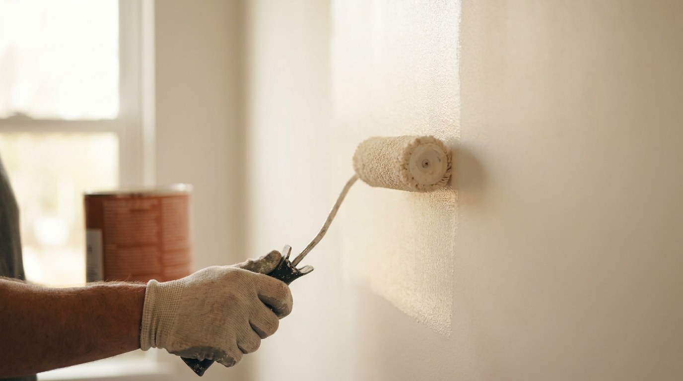 A gloved hand rolling paint onto a wall beside a paint tin