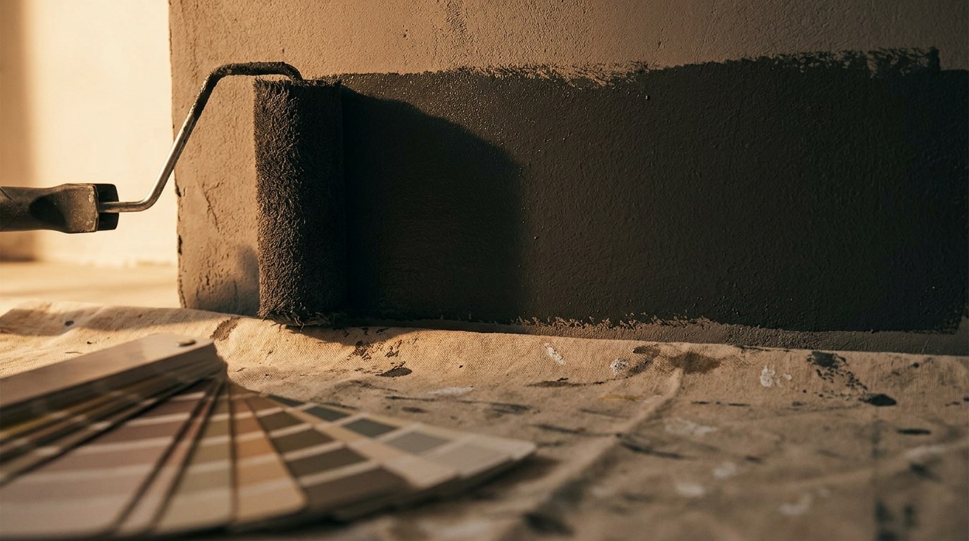 A roller loaded with dark paint against a wall, with a colour fan on a drop sheet