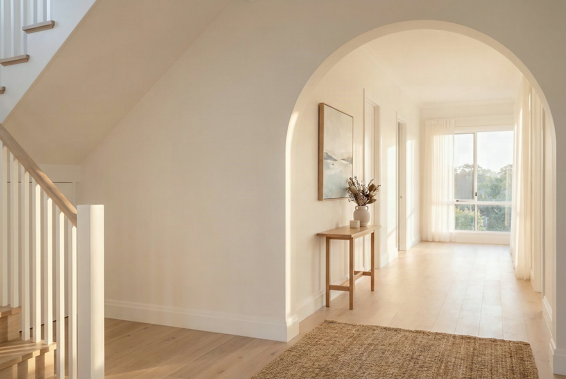 A bright arched hallway with an oak floor and a console table