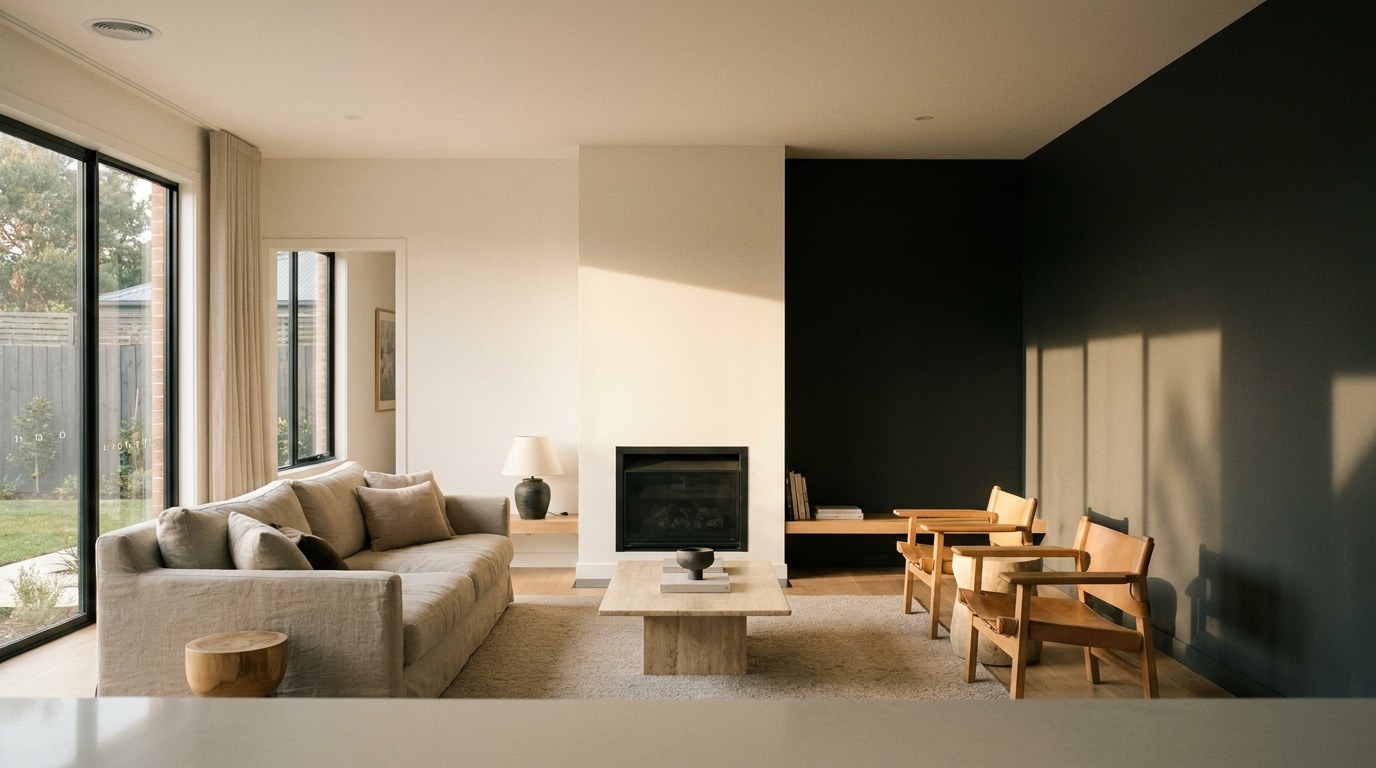 An open living room with a dark green wall, a fireplace and glass doors to a deck