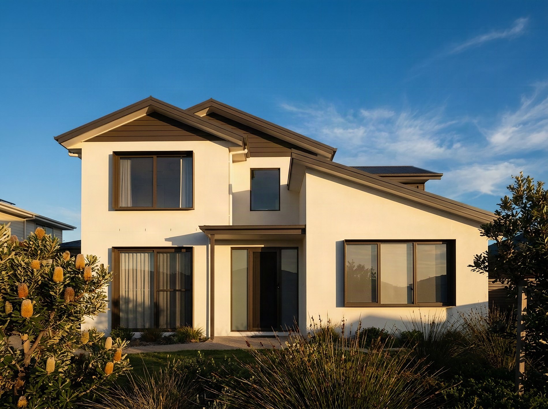 A rendered two-storey home in late afternoon light with native shrubs in front