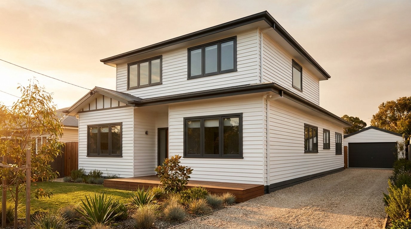 A white weatherboard two-storey home with dark window trims at dusk