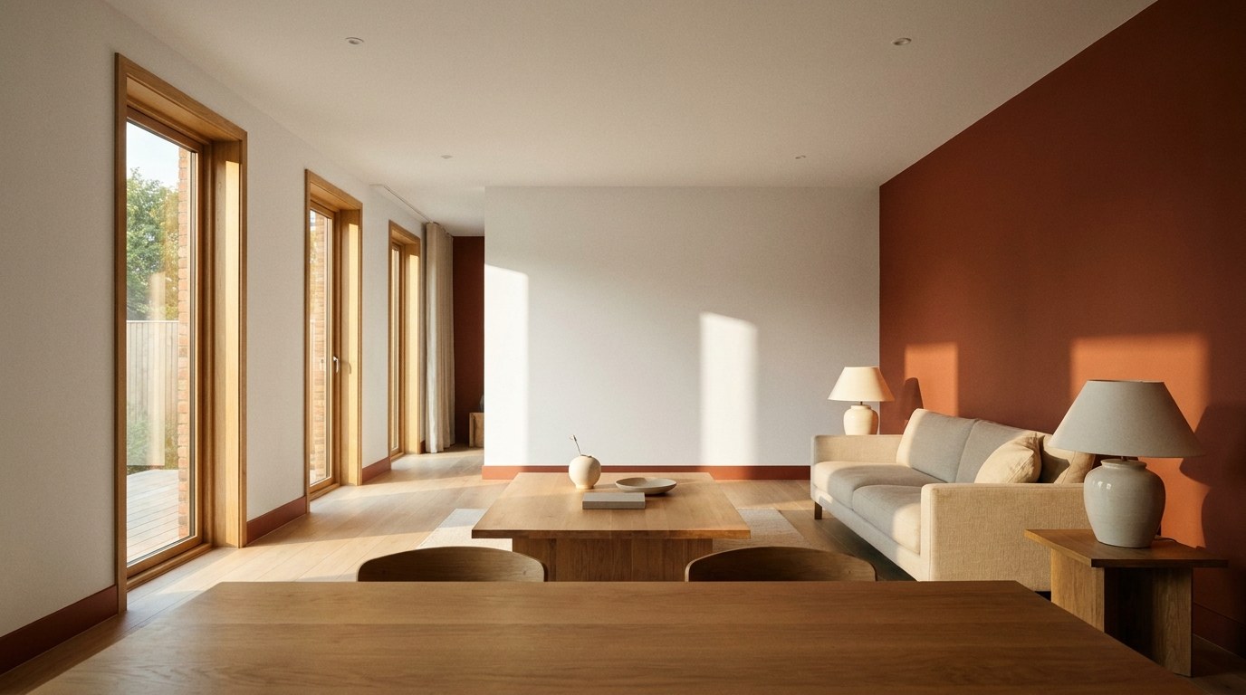 A long open living room with a terracotta end wall and timber window frames