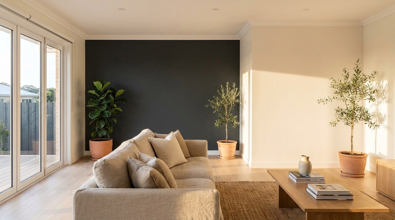 A living room with a charcoal accent wall, linen sofa and potted olive trees
