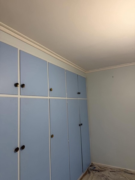 A wall of pale blue built-in cupboards with dark handles